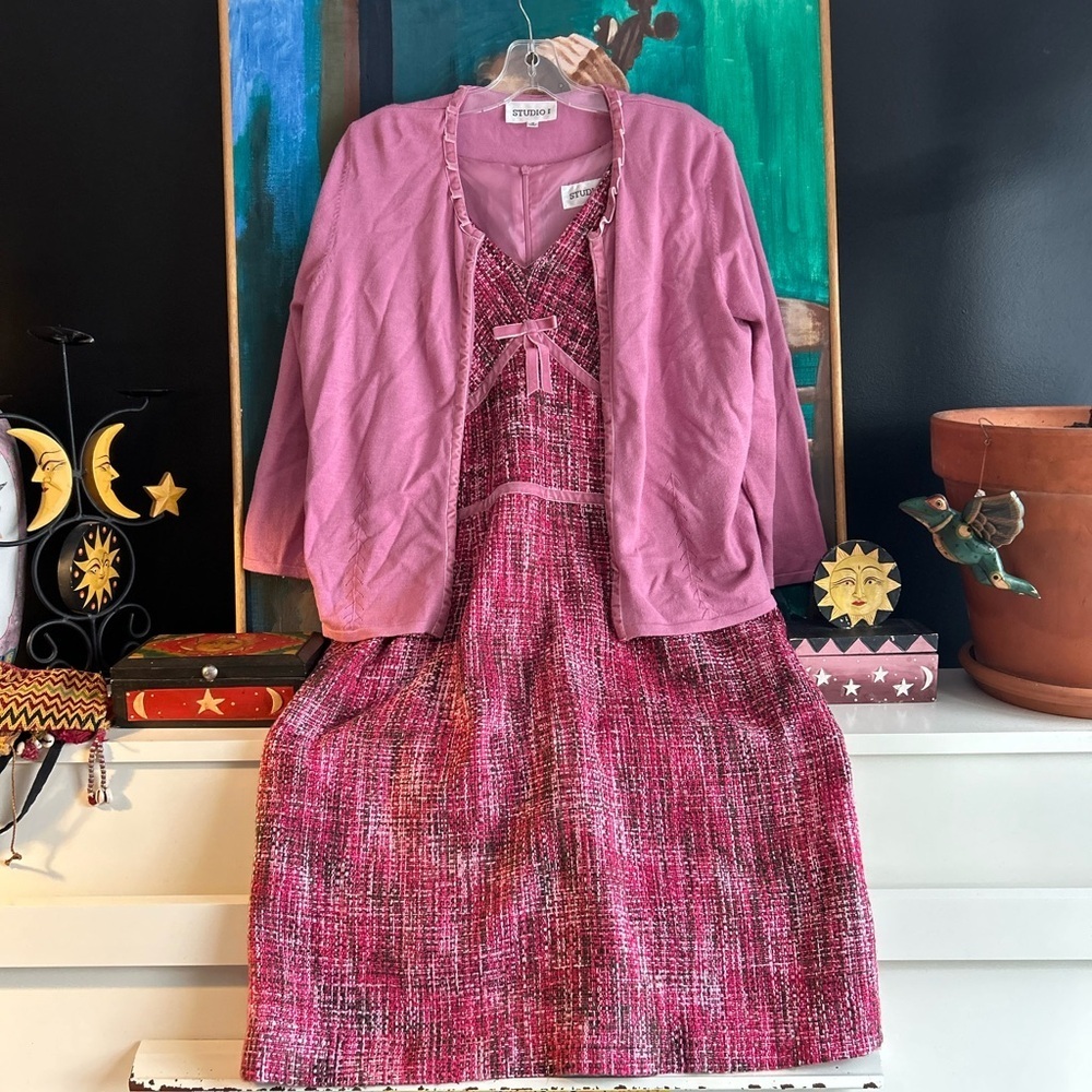 Vintage Studio I Y2K Dress Size 12 Pink Midi Sleeveless Dress Matching Cardigan